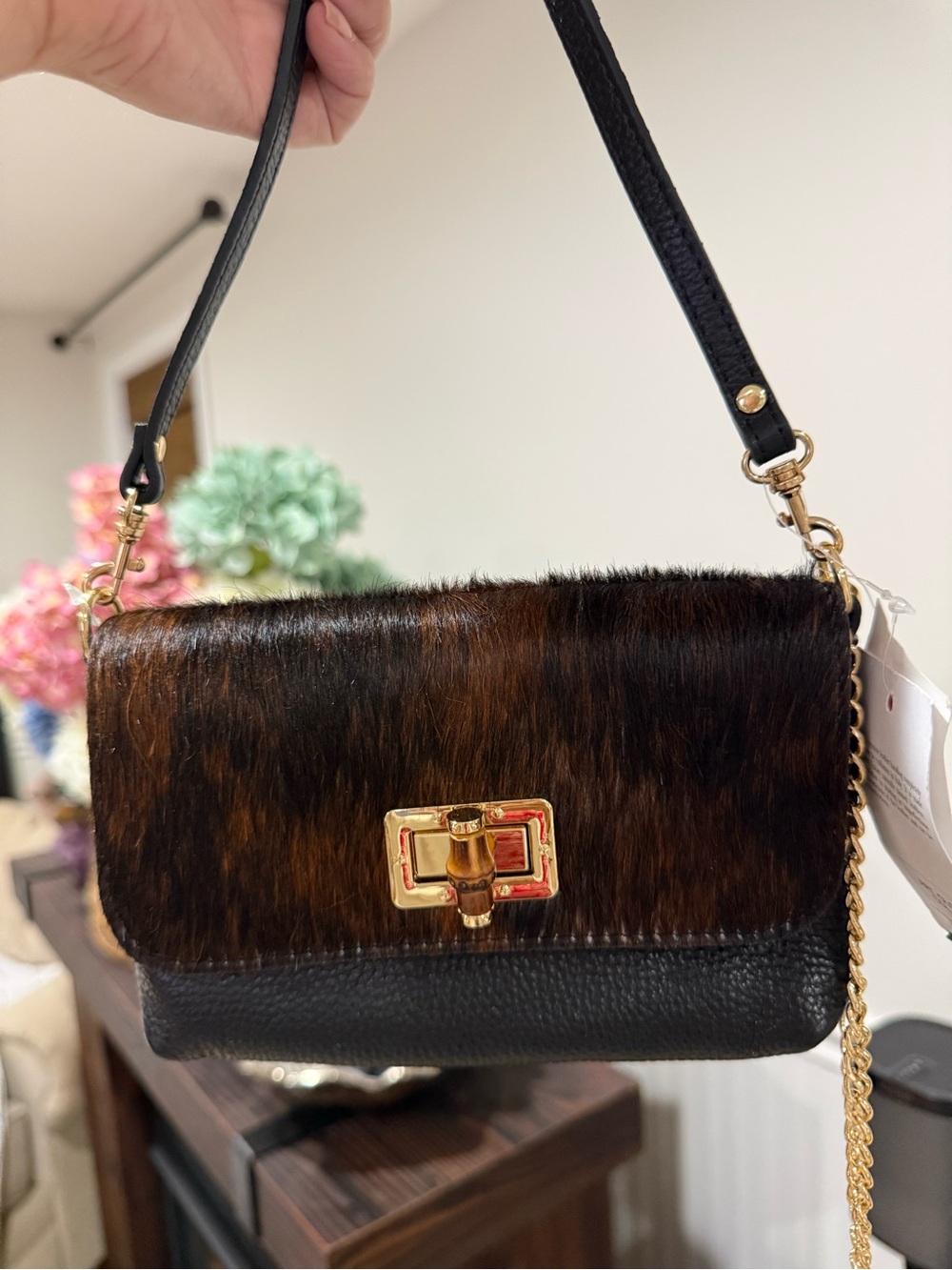 Isadora Cowhide & Black Crossbody Bag with Gold Hardware - all leather NWT